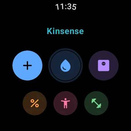 Watch home: an add button, the water ring, and tiles for weight, body fat, training and calm